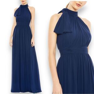 Mac Duggal Dress 2 Navy High Neck Chiffon Gown Pleated Bow Flowy Maxi Sleeveless